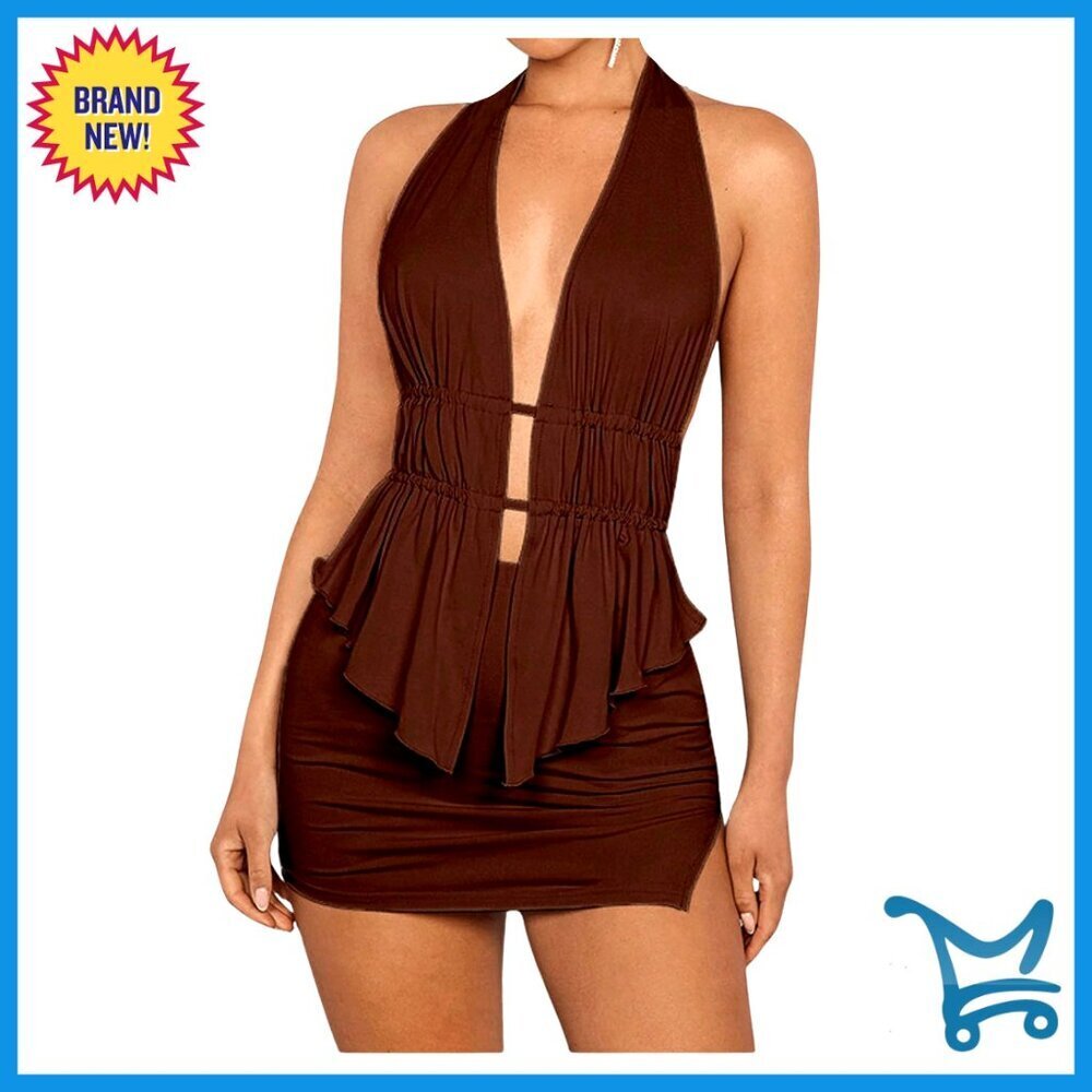 Y2K Backless Halter Top Bodycon Mini Skirt Set Sexy Ruffle Slit Outfit